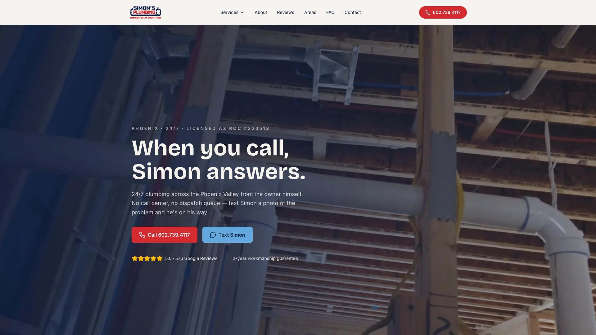 Simon's Plumbing website hero